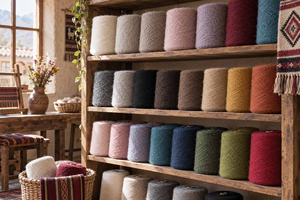 Coni di filato di alpaca in colori naturali e diverse tonalità su uno scaffale artigianale Coni di filato di alpaca in colori naturali e diverse tonalità su uno scaffale artigianale