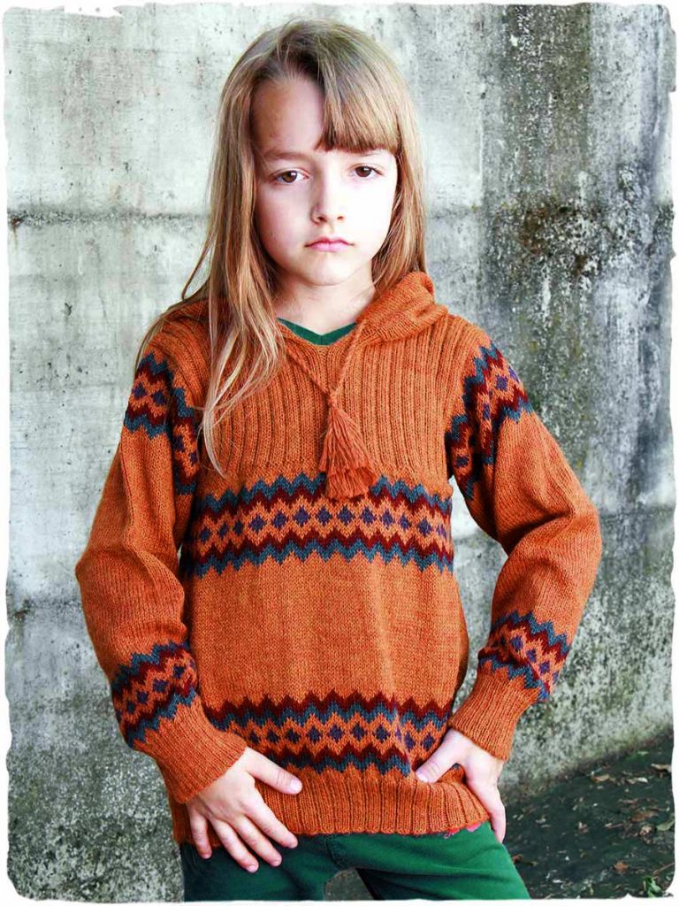 asola Abbigliamento Abbigliamento unisex bimbi Maglioni Maglione per bambini in lana di alpaca marrone ed ecru lavorato a mano 