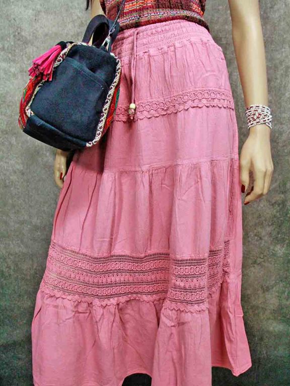 GURU SHOP Gonna Lunga Hippie Chic In Tessuto Sintetico – Taglia 38, Rosa, Con Fibbia In Noce Di Cocco E Vita Elastica - 3
