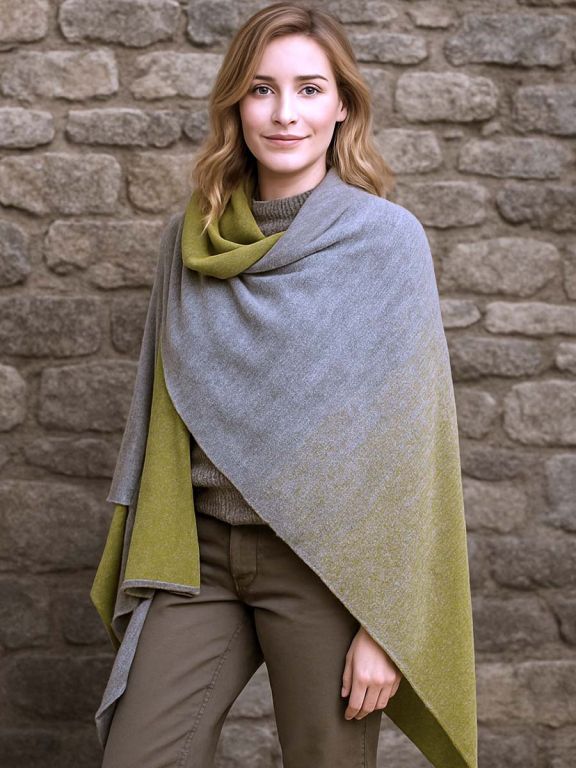 Donna bionda con mantella elegante in baby alpaca grigio e verde oliva, drappeggiata sulle spalle, davanti a muro in pietra, modello Pampa.